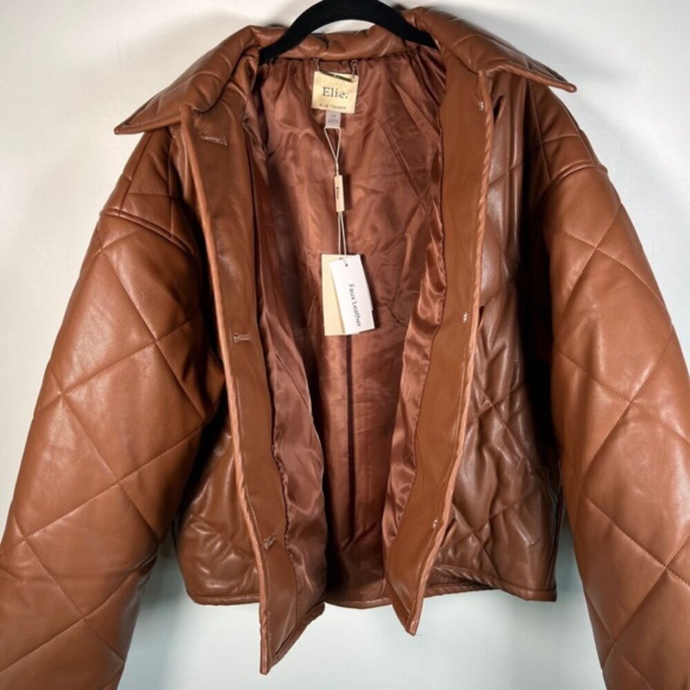 NWT ELIE TAHARI Faux Leather Button Front‎ Quilted Boxy Jacket Pockets LARGE - Picture 6 of 16